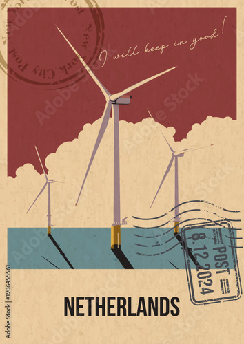 Netherlands Wind Farm Attraction Postcard, Holland Wind Power Popular Place Illustration, Vector Template Retro Style Greeting Card. Vintage Colors, Aged Paper Texture