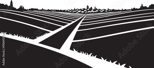 Black and white illustration of a rural landscape scene