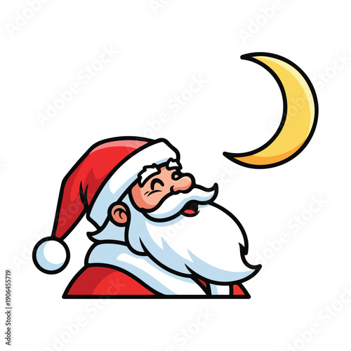 A cartoonish Santa Claus looking at the moon