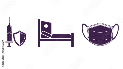 Medical icons including a syringe, shield, hospital bed, and face mask