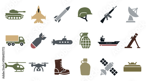 Large set of colorful military icons representing various army and navy equipment for warfare, including a tank, jet, submarine, rifle, and drone in a flat vector style