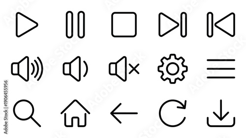Set of black line icons for media player and user interface navigation including play, pause, stop, volume, and search symbols in a minimalist outline style