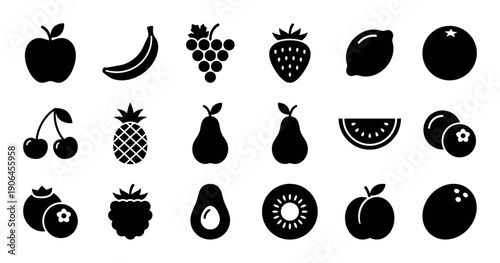 Set of black solid fruit icons featuring various healthy foods like apple, banana, strawberry, and orange, presented as a collection of simple glyphs for graphic design