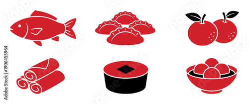 Set of red and black traditional Asian food icons representing prosperity and luck for the Lunar New Year celebration, featuring a minimalist flat graphic design style