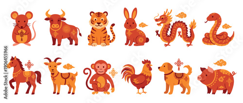 Complete collection of twelve cute Chinese zodiac animals illustrated in a festive red and orange cartoon style with traditional Asian ornaments for the Lunar New Year