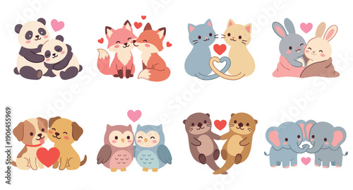 Collection of cute cartoon animal couples celebrating love, featuring pandas, foxes, cats, rabbits, dogs, owls, otters, and elephants in a sweet, romantic kawaii illustration style