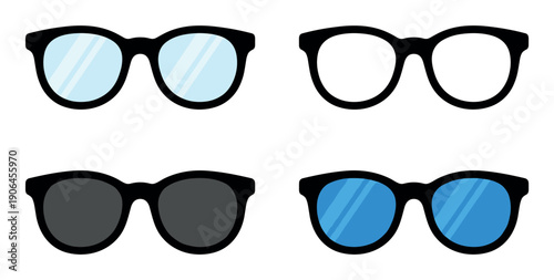Collection of four different illustrated glasses in a flat graphic style, including eyeglasses, sunglasses with dark and blue lenses, and an empty frame icon for vision concepts