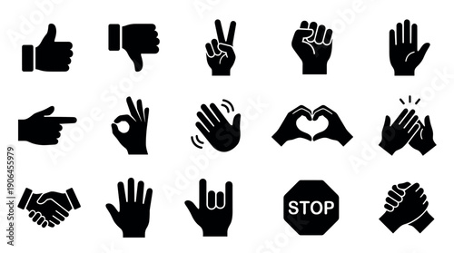 Set of black hand gesture icons and symbols showing various communication signs like thumbs up, dislike, peace, love, and agreement in a minimalist flat vector illustration