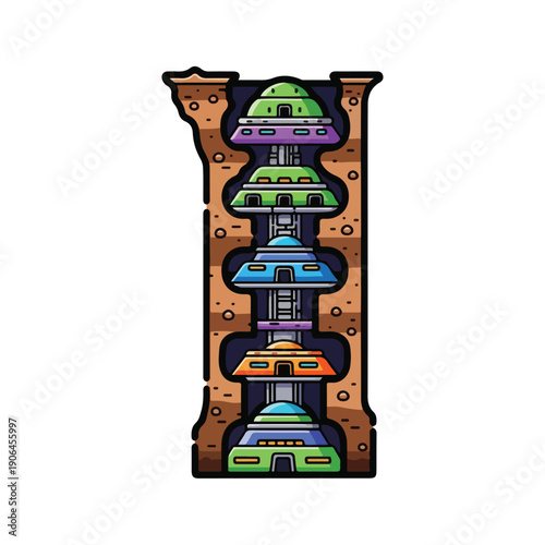 A cartoonish, colorful, futuristic building on a brown cliff