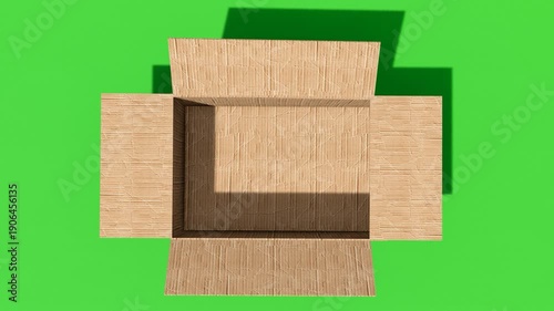 3D animation of cardboard box unpacking on green background, suitable for advertising, online stores, logistics presentations, unboxing scenes, and digital marketing content, 4k video