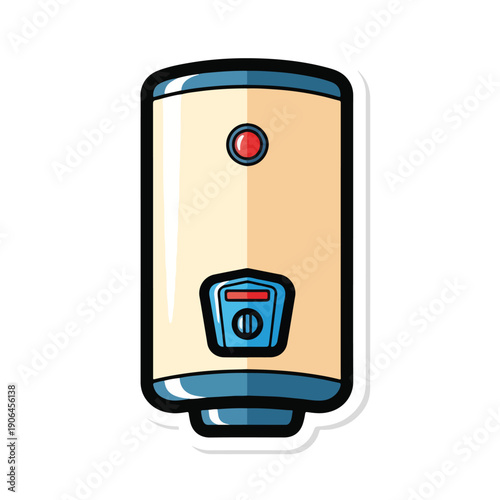 A cartoonish water heater with blue accents and red indicator