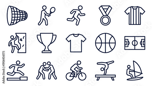 Sport and athletic activity line icon set featuring various disciplines like running, tennis, cycling, gymnastics, climbing, basketball, and soccer in a minimalist pictogram style