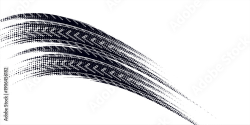 Grunge tire track, wheel braking marks. Truck, car or motorcycle tread pattern silhouette. Auto race, motorsport, speed racing design element. Vector illustration