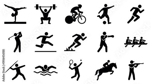 Set of fifteen black sport icons showing athletes in action, including gymnastics, weightlifting, cycling, football, swimming, and tennis, designed as simple minimalist pictograms