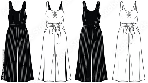 Four different jumpsuits in various colors and patterns on display