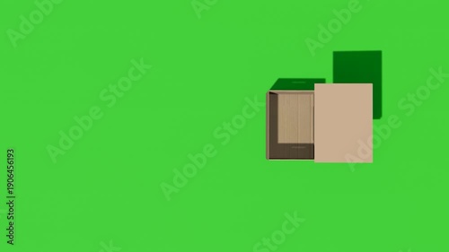 3D animation of cardboard box unpacking on green background, suitable for advertising, online stores, logistics presentations, unboxing scenes, and digital marketing content, 4k video