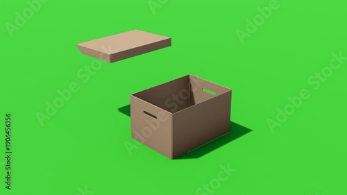 3D animation of cardboard box unpacking on green background, suitable for advertising, online stores, logistics presentations, unboxing scenes, and digital marketing content, 4k video