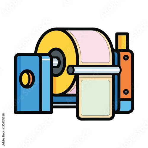 A cartoon-style illustration of a colorful label maker