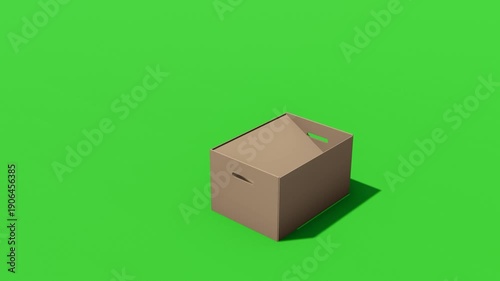 3D animation of cardboard box unpacking on green background, suitable for advertising, online stores, logistics presentations, unboxing scenes, and digital marketing content, 4k video