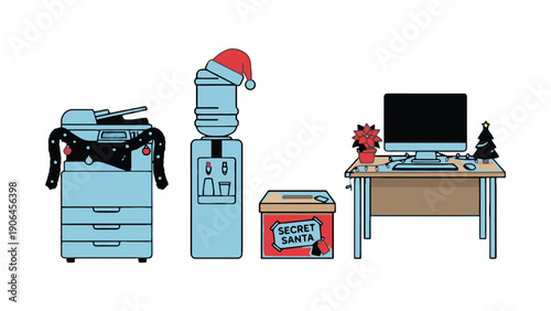 A festive office setup with Christmas decorations and a Secret Santa gift exchange