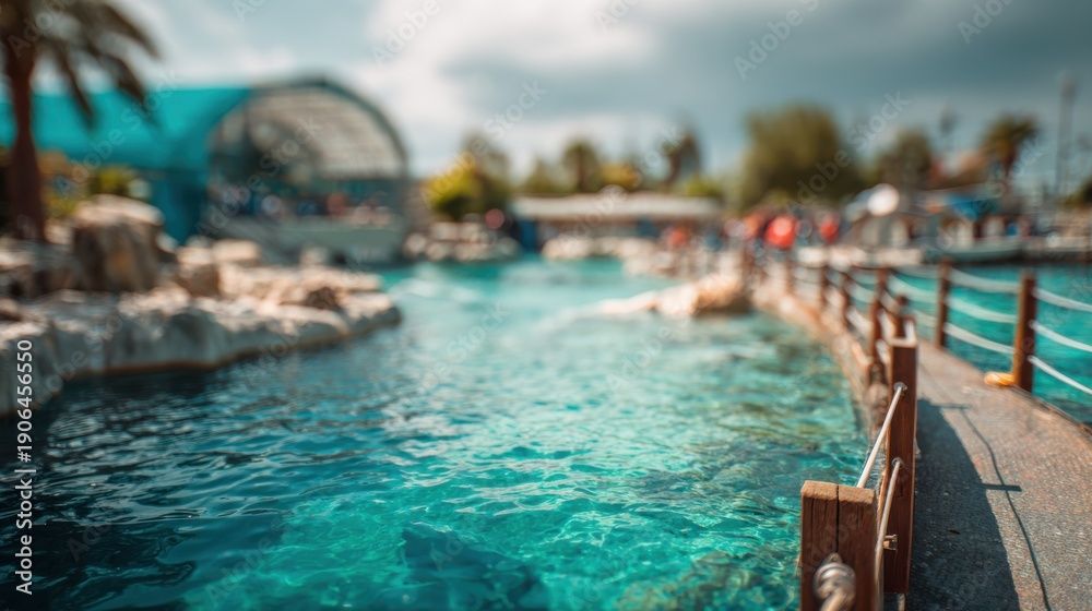 Obraz premium Defocused dolphinarium interior with water pool and soft lighting.
