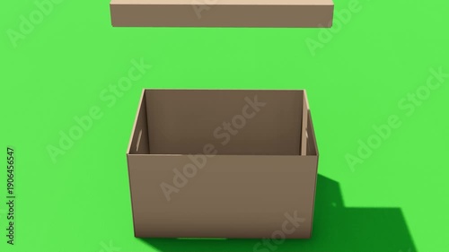3D animation of cardboard box unpacking on green background, suitable for advertising, online stores, logistics presentations, unboxing scenes, and digital marketing content, 4k video