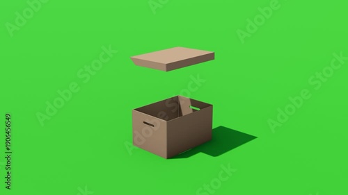 3D animation of cardboard box unpacking on green background, suitable for advertising, online stores, logistics presentations, unboxing scenes, and digital marketing content, 4k video