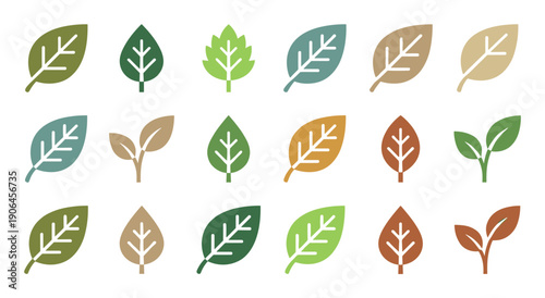 Diverse set of stylized leaf icons in various shapes and earthy colors representing nature, ecology, and seasonal growth for environmental and organic design elements