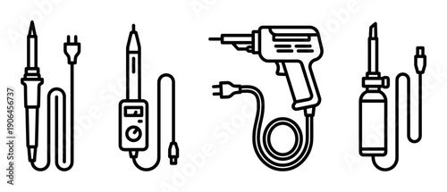 Four different soldering iron and gun tools for electronics repair shown as a black and white line art icon set for workshop and DIY projects
