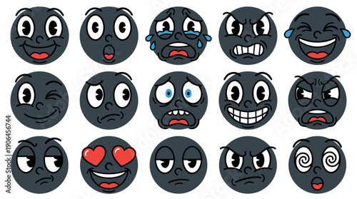 Collection of retro cartoon character faces showing a wide range of emotions like happiness, sadness, anger, and love in a classic vintage 1930s animation art style