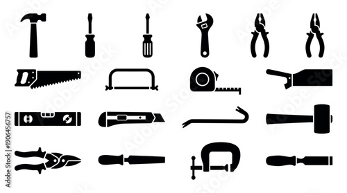 Large set of black silhouette hand tool icons for construction and do-it-yourself projects, featuring a hammer, saw, wrench, pliers, screwdriver, and level as graphic elements