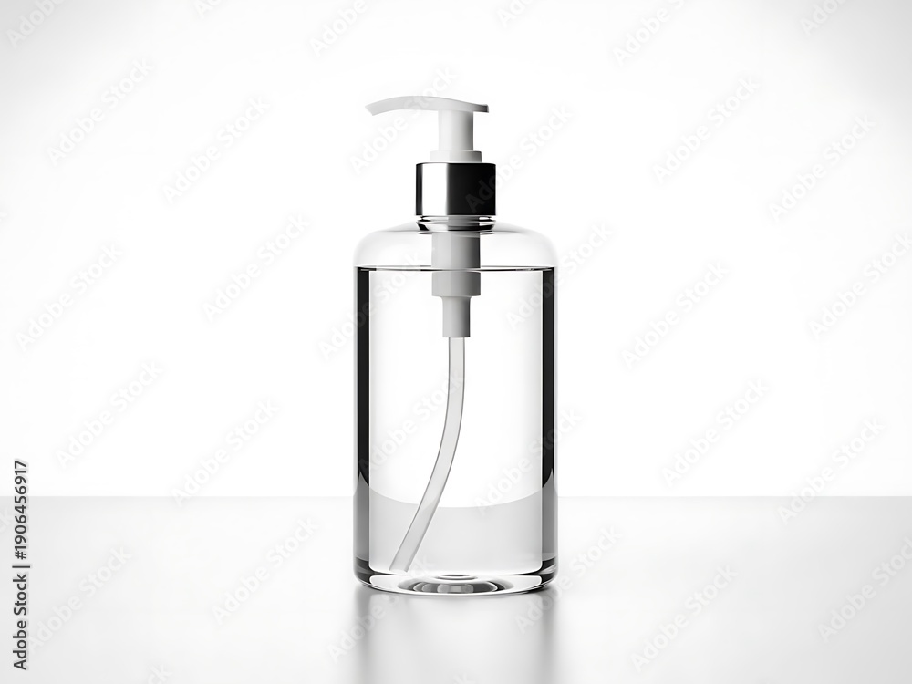 Fototapeta premium A clear soap dispenser on a reflective surface with a white pump against a plain backdrop from a front viewpoint