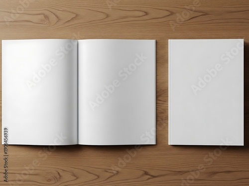 An open book lies next to a closed book on a wooden desk viewed from directly above