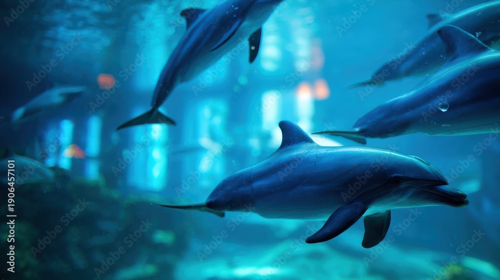 Fototapeta premium Blurred dolphinarium pool and seating area as abstract aquatic background.