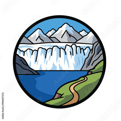 A circular illustration of a mountainous landscape with a lake