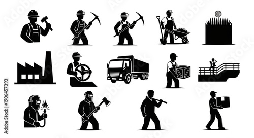 Collection of Industrial Worker Silhouettes and Symbols.