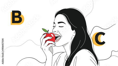 Healthy nutrition concept showing a young woman eating a red apple with vitamins B and C symbols on a wavy background.