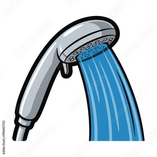 A cartoon-style illustration of a showerhead with water flowing