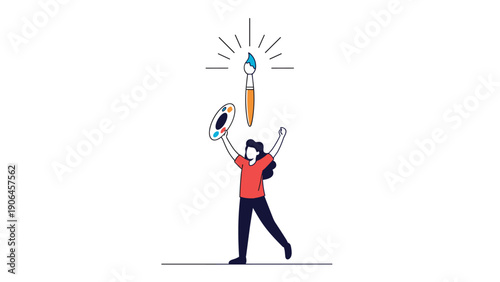 Creative woman in a red shirt holding an artist palette and reaching for a glowing paintbrush above her head.