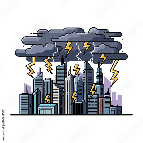 A city skyline with lightning