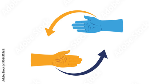 Collaboration and help concept showing an orange and a blue hand reaching towards each other with circular arrows.