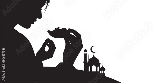 Woman breaking fast during Ramadan with mosque silhouette