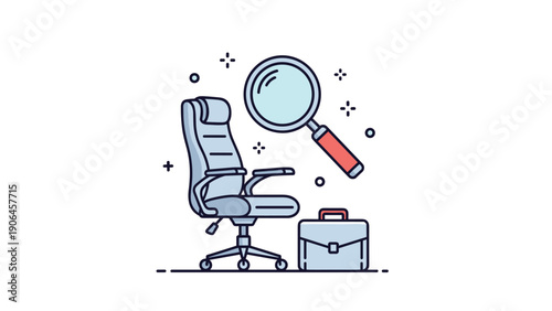 Recruitment and job search concept icons featuring an office chair, a magnifying glass, and a professional business briefcase symbol.