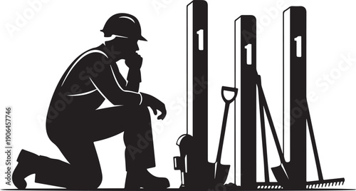 Construction worker kneeling with tools and thinking deeply outside
