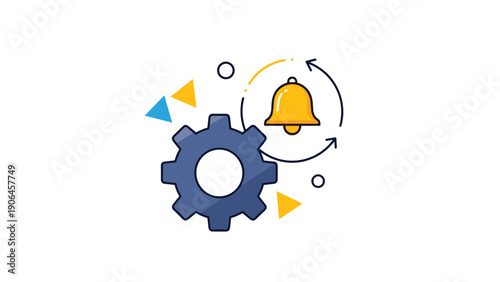 Notification and system settings icon featuring a blue gear, a yellow bell symbol, and circular rotation update arrows.