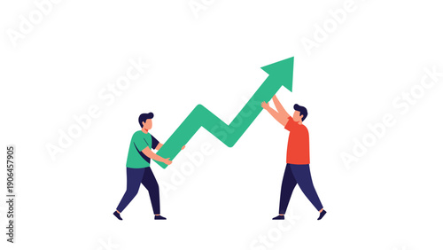 Two people working together to lift a giant green upward sloping arrow represent teamwork, collaboration, and collective business growth.