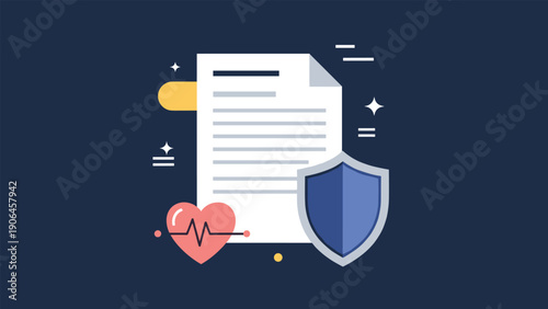 Health insurance and medical document icons featuring a shield and heart pulse rate line represent safety and wellness protection.