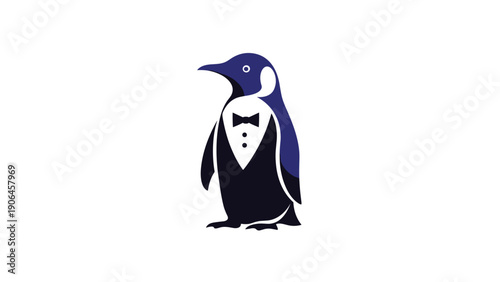 Stylized penguin wearing a formal black tuxedo with a bowtie illustrates elegance, cold climates, and funny animal branding.