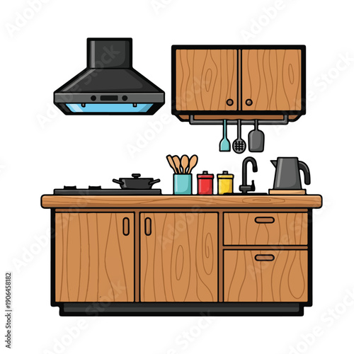 A cartoon-style kitchen with wooden cabinets and black appliances