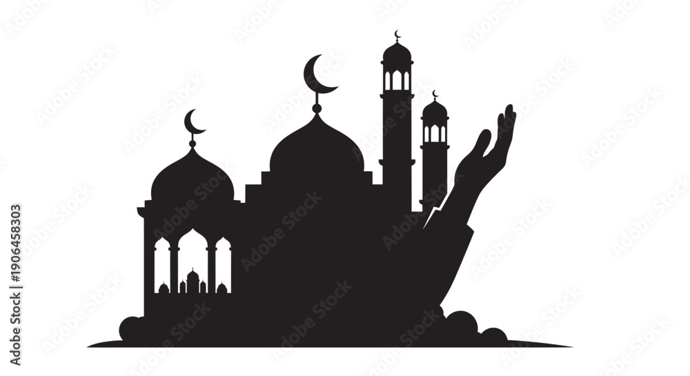 Fototapeta premium Islamic Mosque Silhouette with Crescent Moon and Minarets on White Background